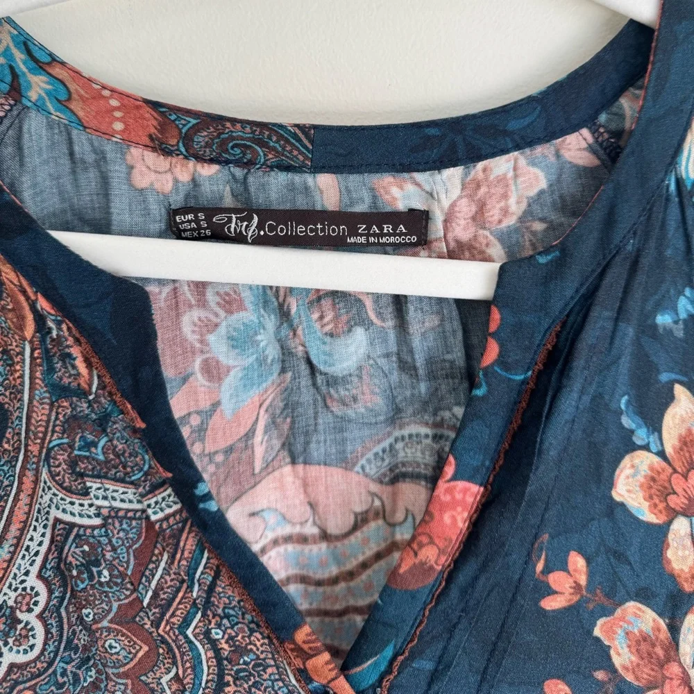 ZARA TRF Boho Floral Paisley Mini Dress Size Small Navy Multicolor - Picture 3 of 8